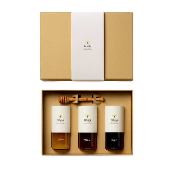 Estuche Premium regalo miel pura natural gourmet 3 variedades: Azahar, Bosque y Milflores Tesela